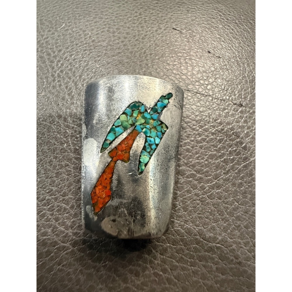 Vintage Bennett Thunderbird Bolo Tie Slide Turquoise Coral Inlay Sterling silver